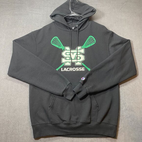 Champion Eco Authentic Black Hoodie MS Lacrosse Print Green Logo Mens Size M - Picture 1 of 12